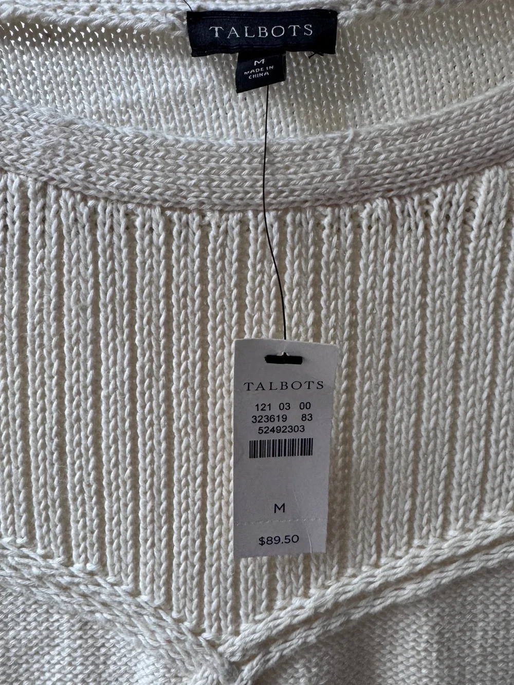 NWT Talbots Cable Ribbed-Yoke Knit Sweater Nautical Anchor Crewneck Cream sz M